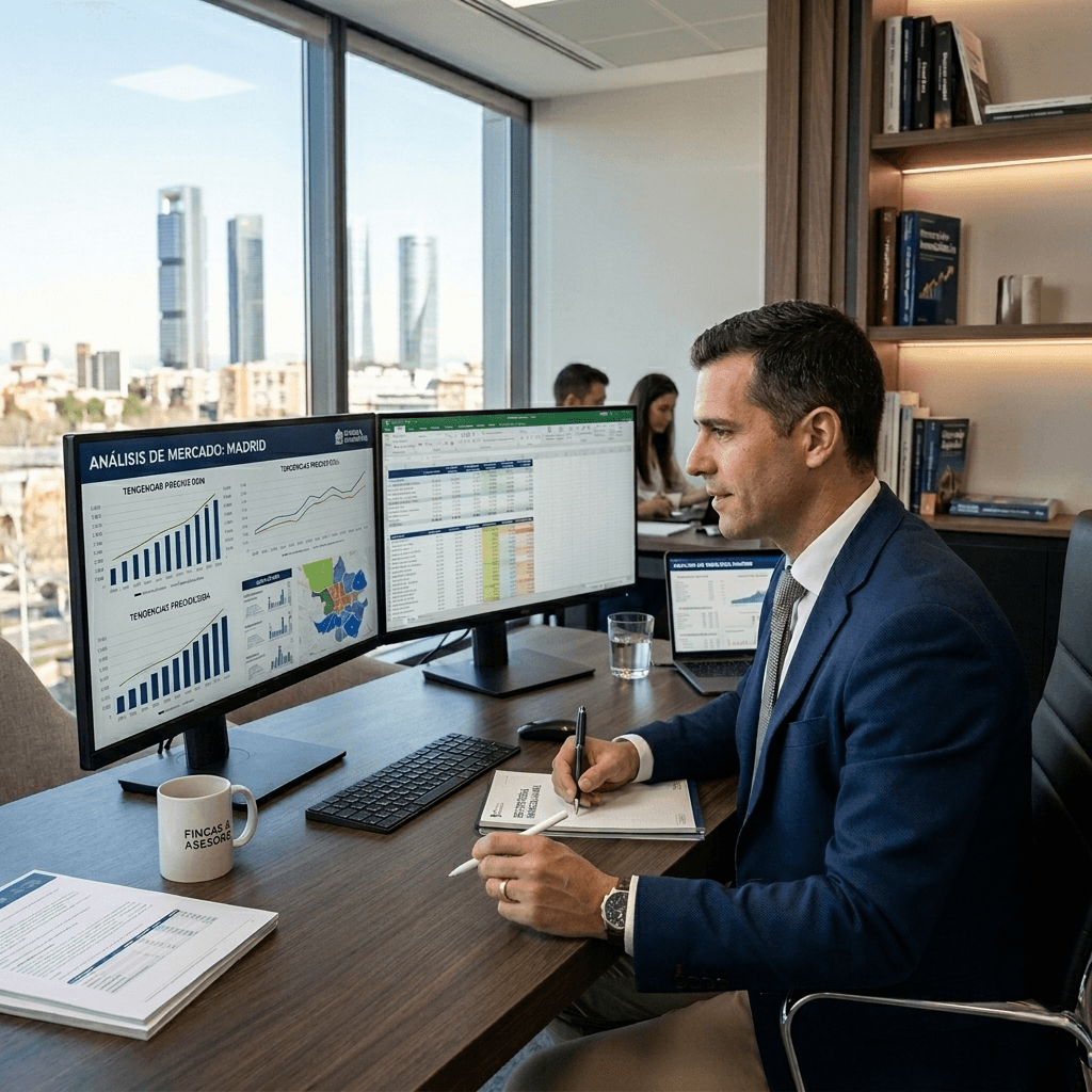 Asesor analizando datos de mercado inmobiliario